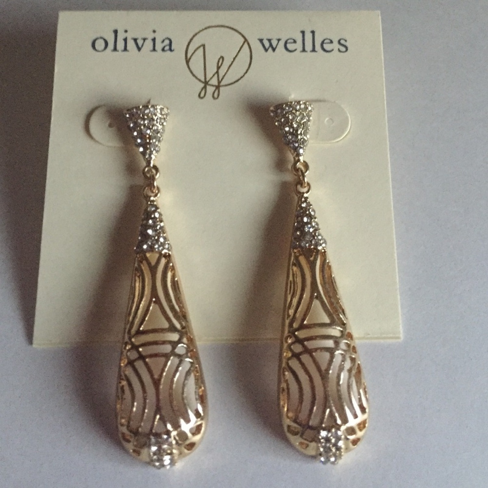 Olivia Welles Cutout Drop Earrings-Gold & Rhinestones